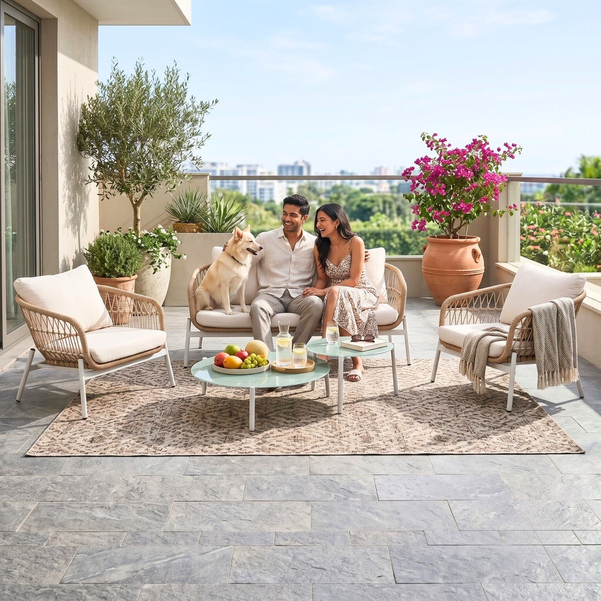 Outdoor 5 Seater Rope Conversation Sofa Set (Beige & Cream)
