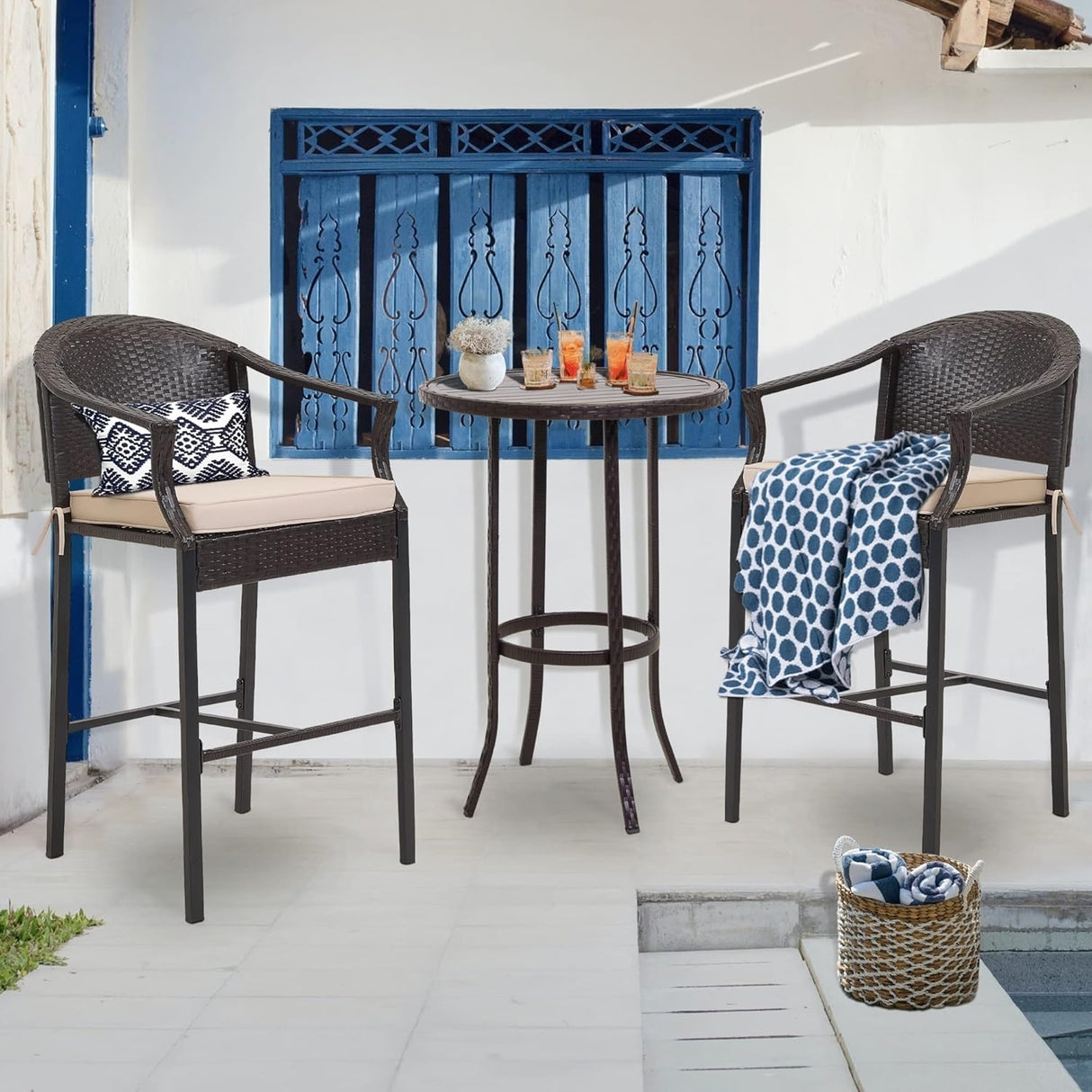 Outdoor Rattan Wicker Bar Set with Round Table