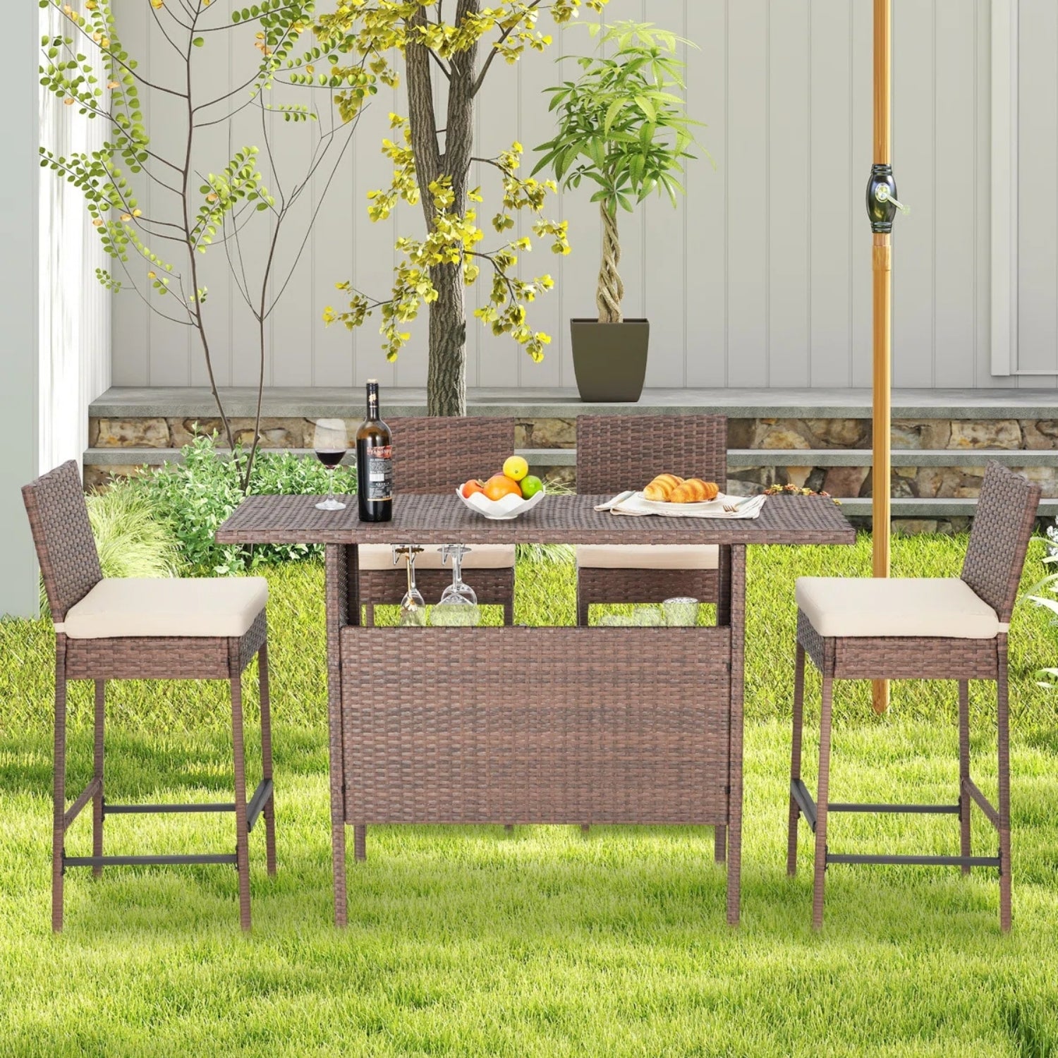 5-Piece Outdoor Rattan Wicker Bar Set with Wicker Top Table