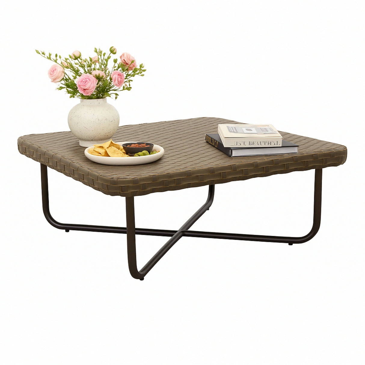 Outdoor Rope 4-Piece Patio Sofa Set with Wicker Top Table (Brown & White)