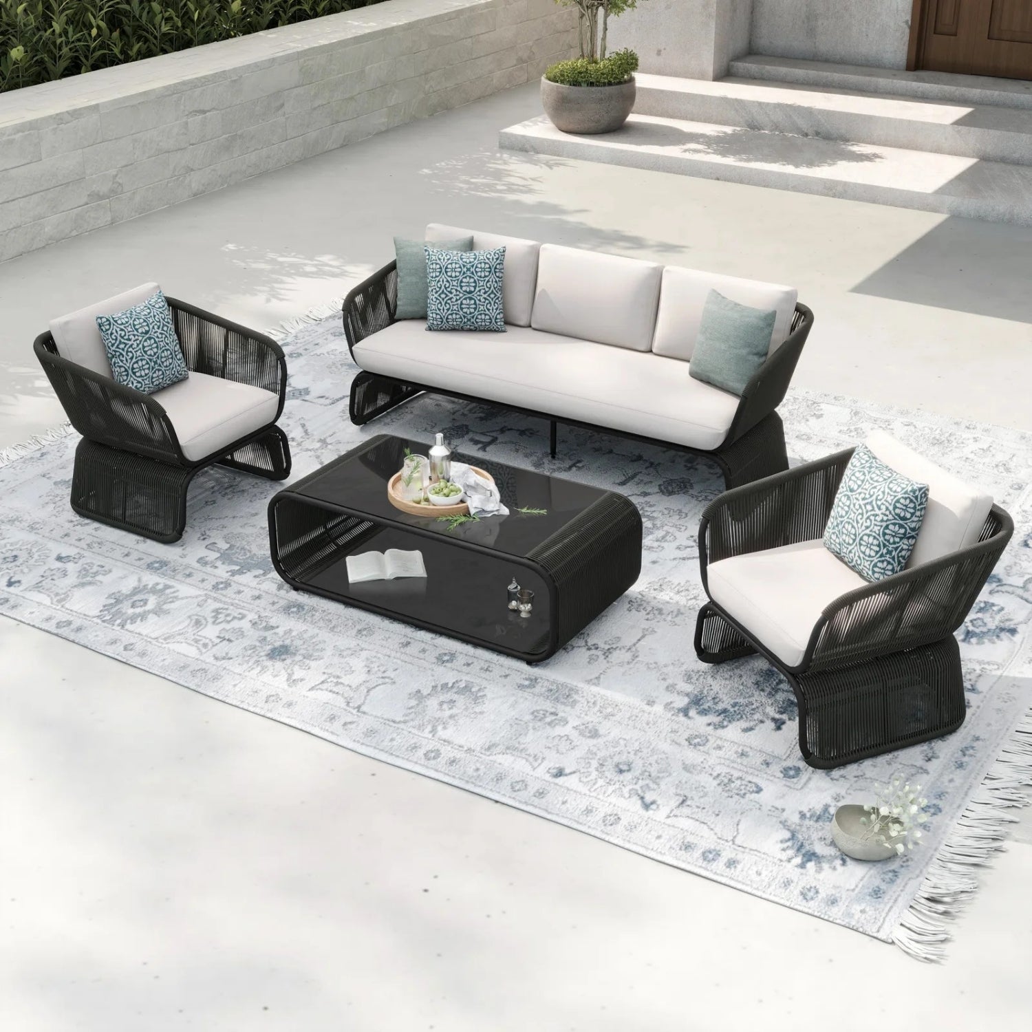 Outdoor Braided Rope Sofa Set With 2-Tier Glass Top Table