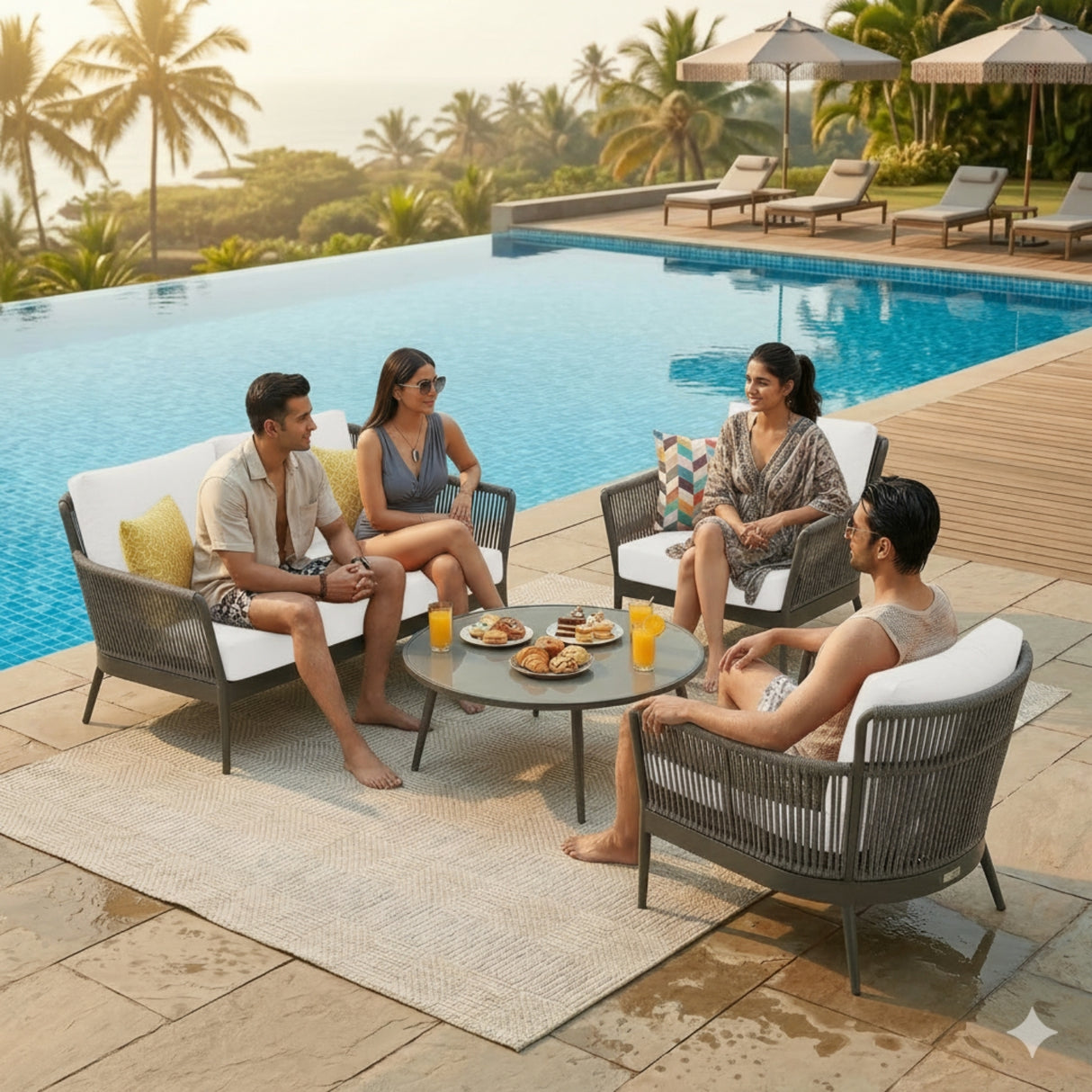 4-Piece Outdoor Rope Patio Furniture Set with Glass Top Table (Grey & Off-White)