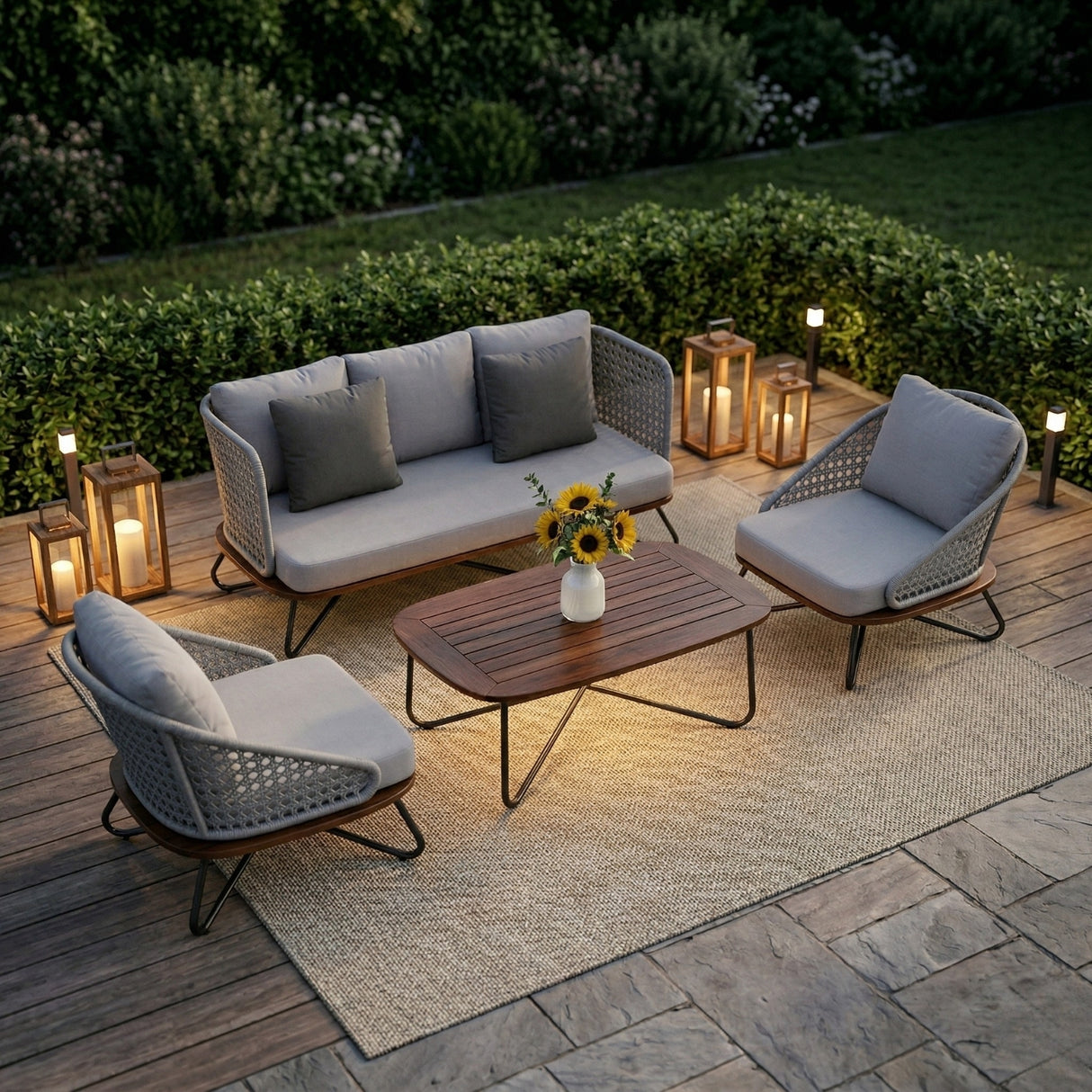 Outdoor Grey Rope 4-Piece Sofa Set With Wooden Top Table