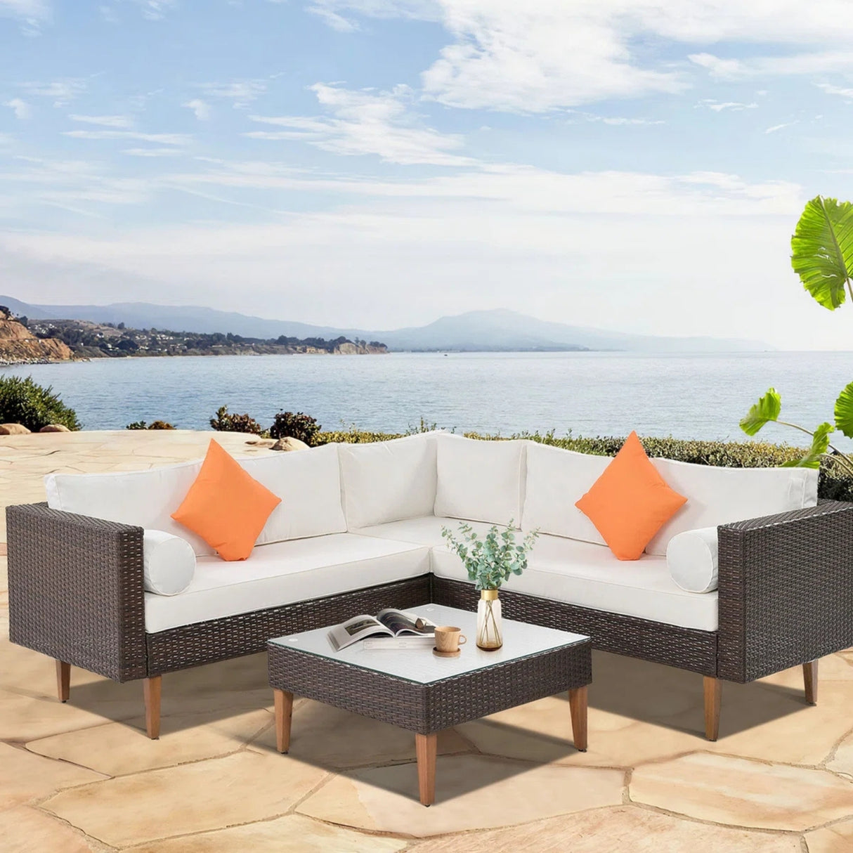 3-Pieces Outdoor Wicker L-Shape Sofa Set