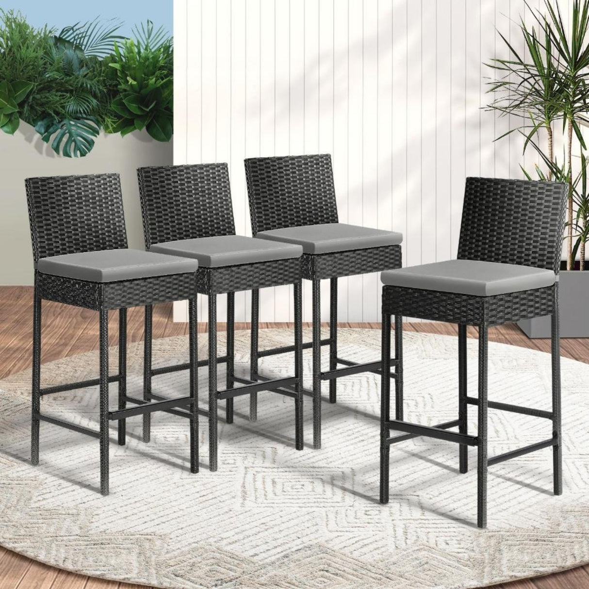5-Piece Outdoor Rattan Wicker Bar Set with Glass Top Table