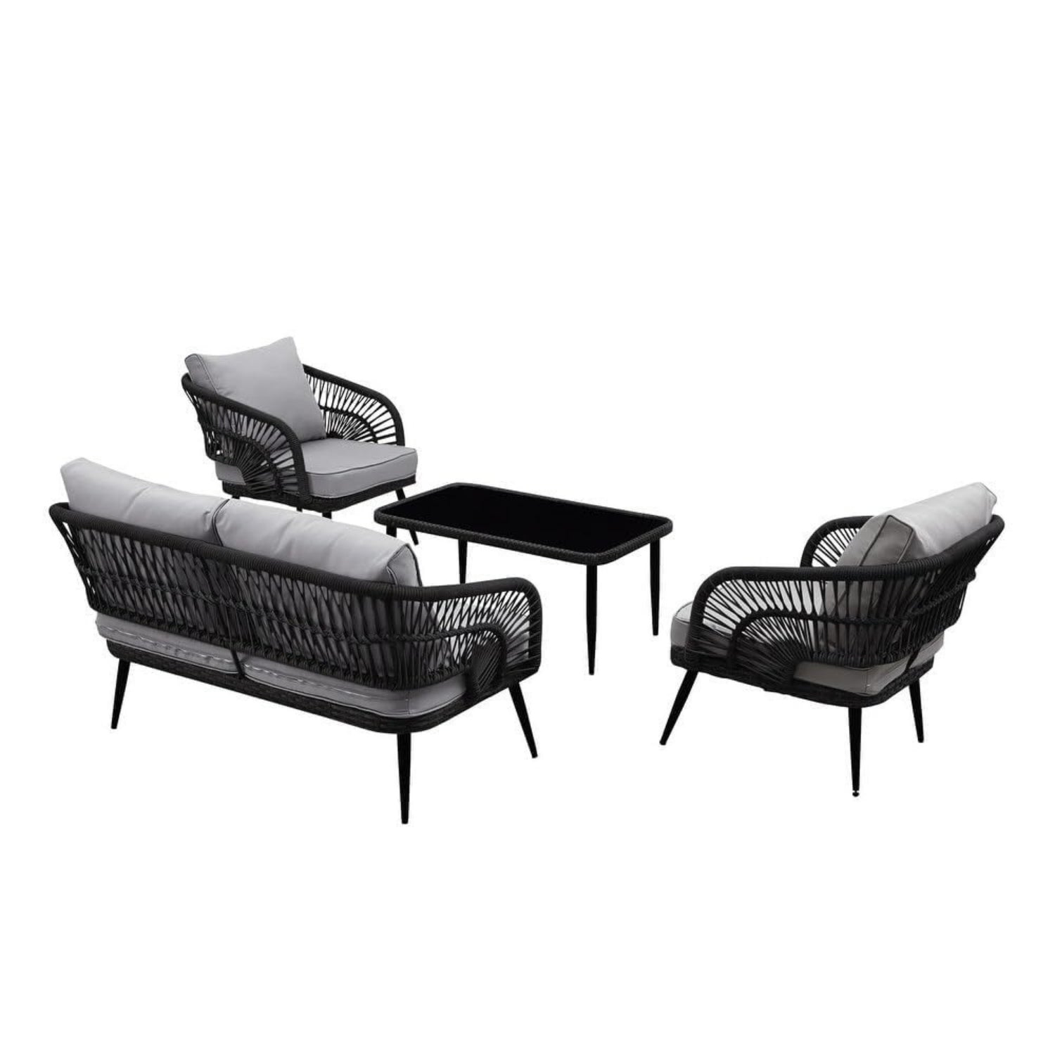 Outdoor Rope 4-Piece Patio Sofa Set with Glass Top Table (Black/Light Grey)