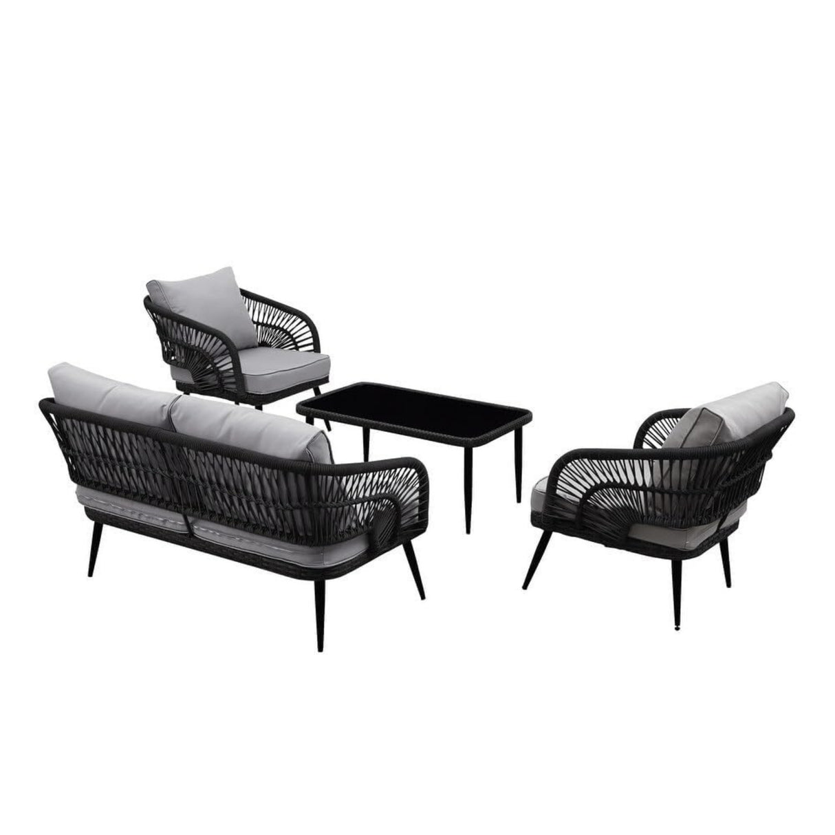 Outdoor Rope 4-Piece Patio Sofa Set with Glass Top Table (Black/Light Grey)
