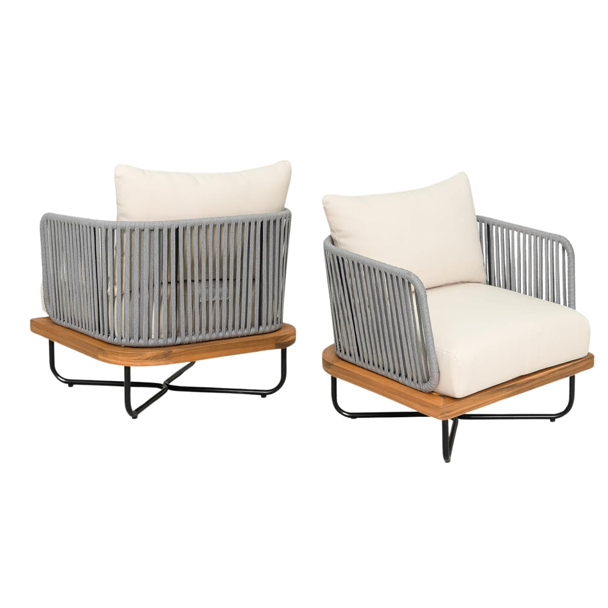 Outdoor 6-Piece Rope Woven Conversation Sofa Set with Wooden Top Table