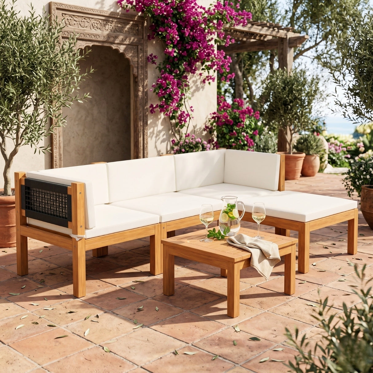 Outdoor Teak Wood & Rope L-Shape Sofa Set (Black & White)