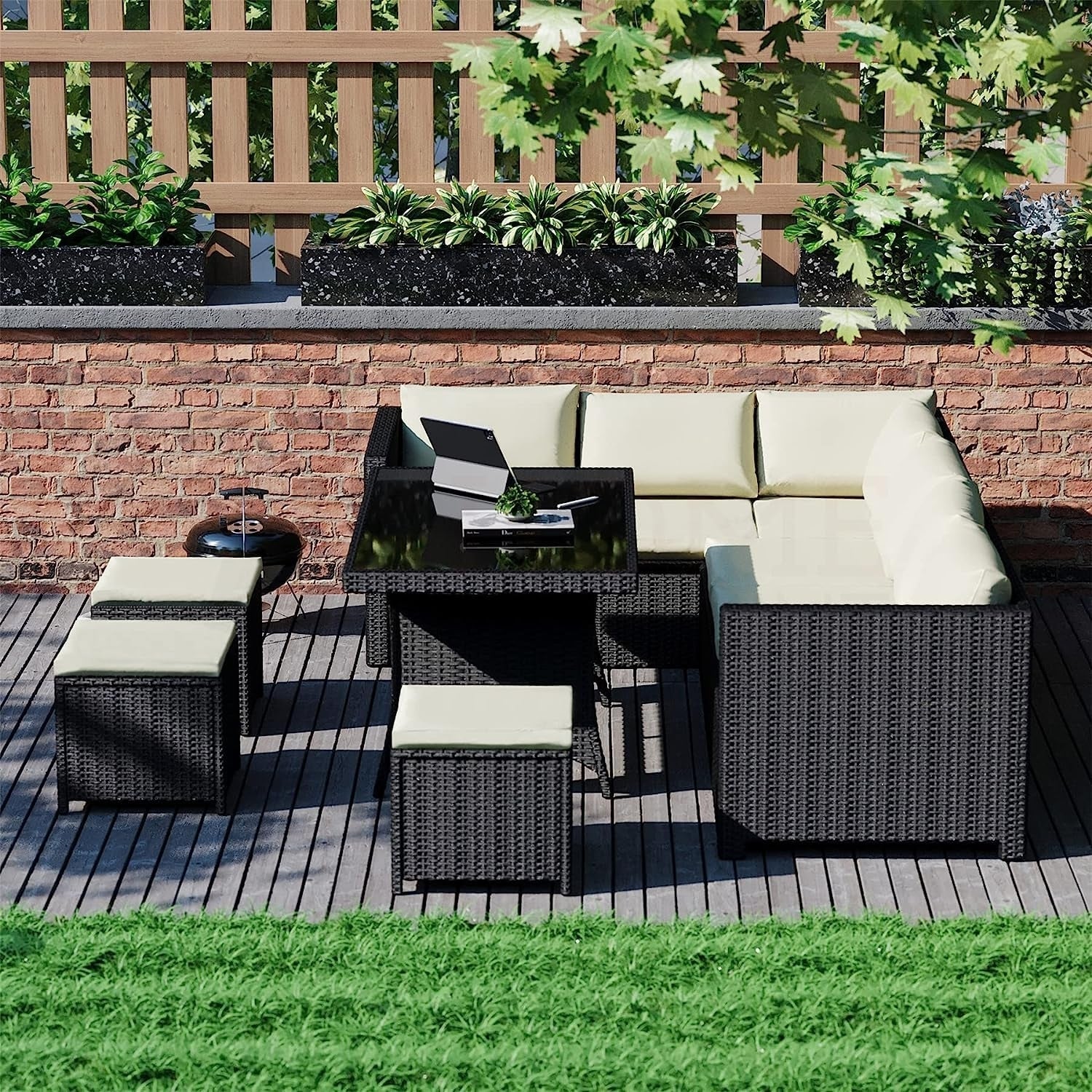 6-Piece Outdoor Wicker Patio Dining Set – Black/Cream