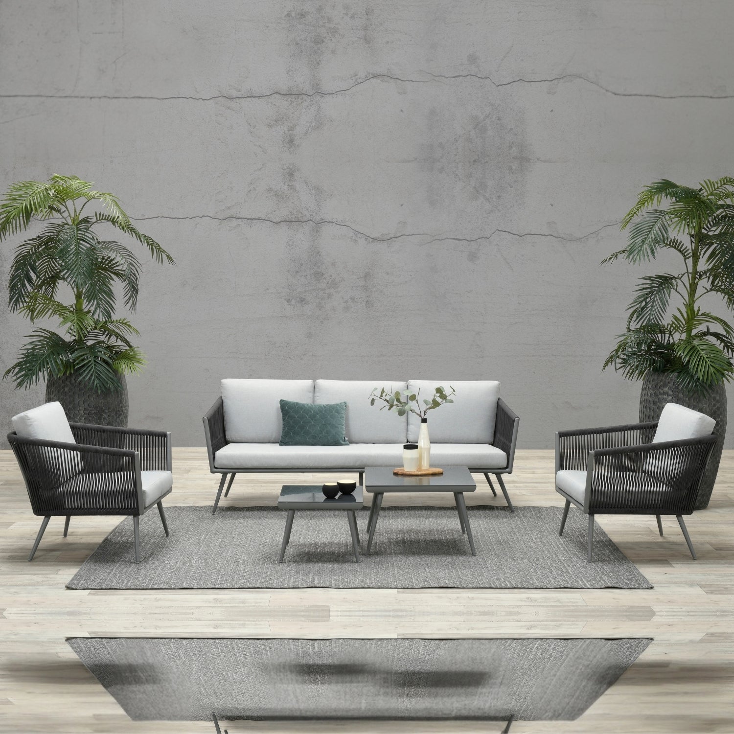 5-Seater Outdoor Rope Patio Sofa Set with Glass Top Tables (Black & Grey)