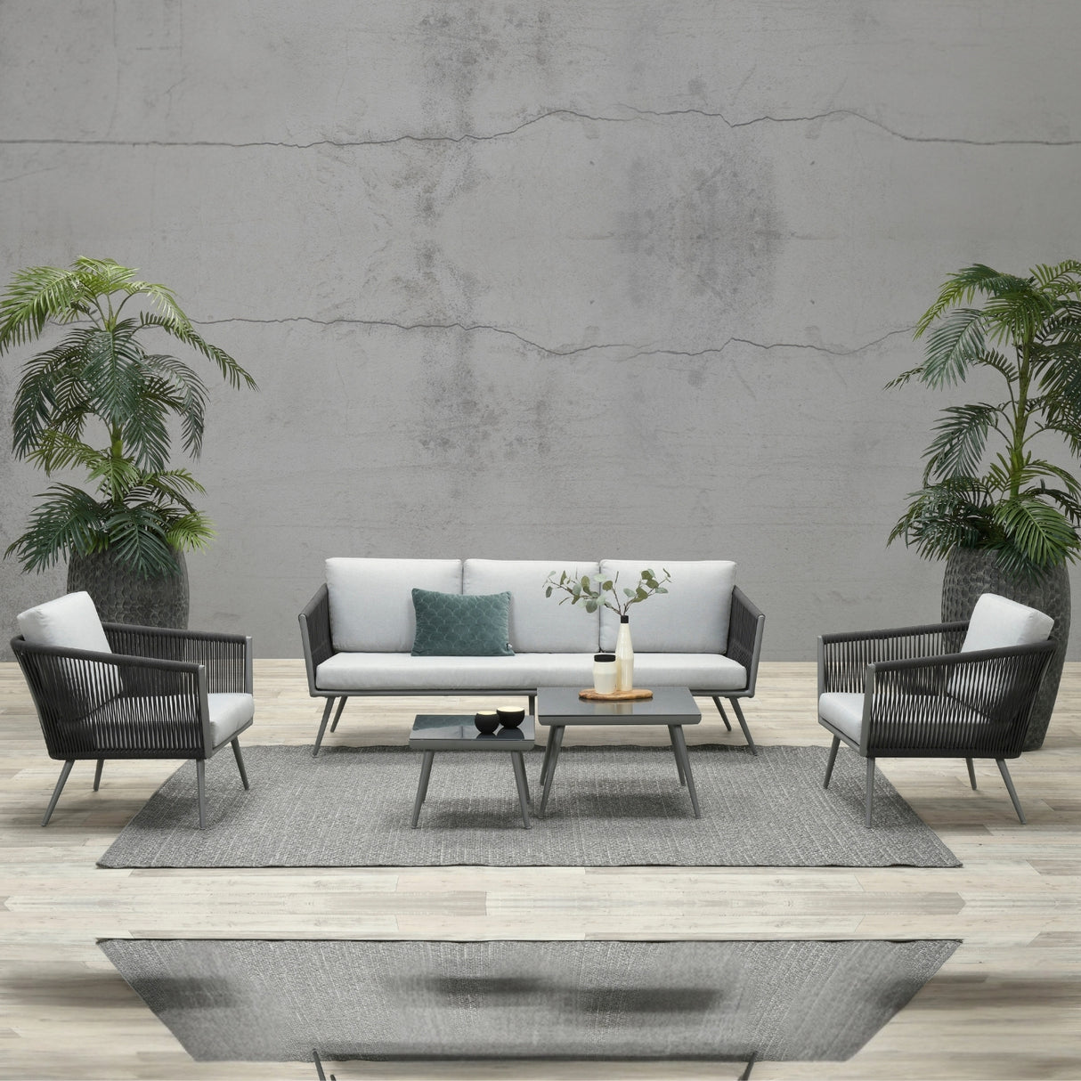 5-Seater Outdoor Rope Patio Sofa Set with Glass Top Tables (Black & Grey)