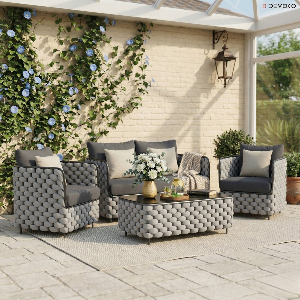 4 Piece Outdoor Rope Sofa Set with Glass Top Coffee Table (Light Grey & Dark Grey)