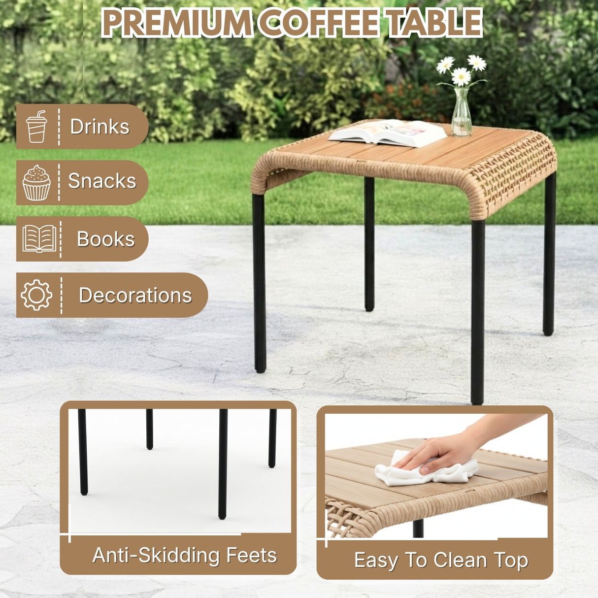 Outdoor Wicker 3-Piece Patio Furniture Set with Wooden Top Table
