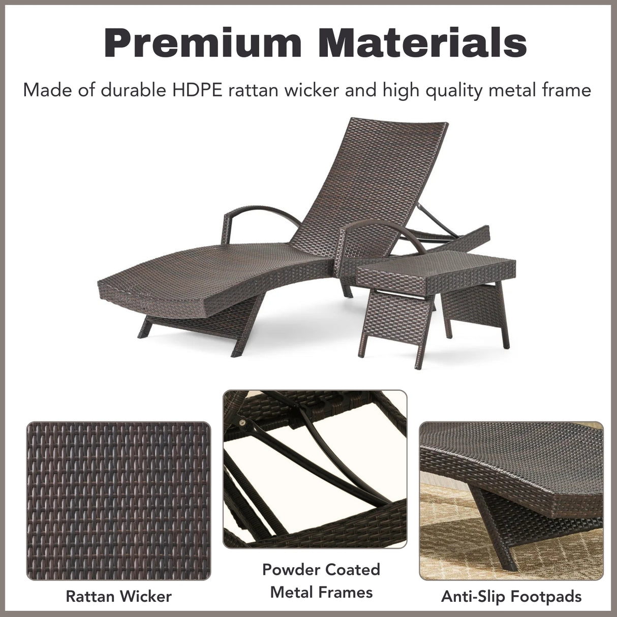 Outdoor All-Weather HDPE Wicker Rattan Sunlounger Recliner with Side Table