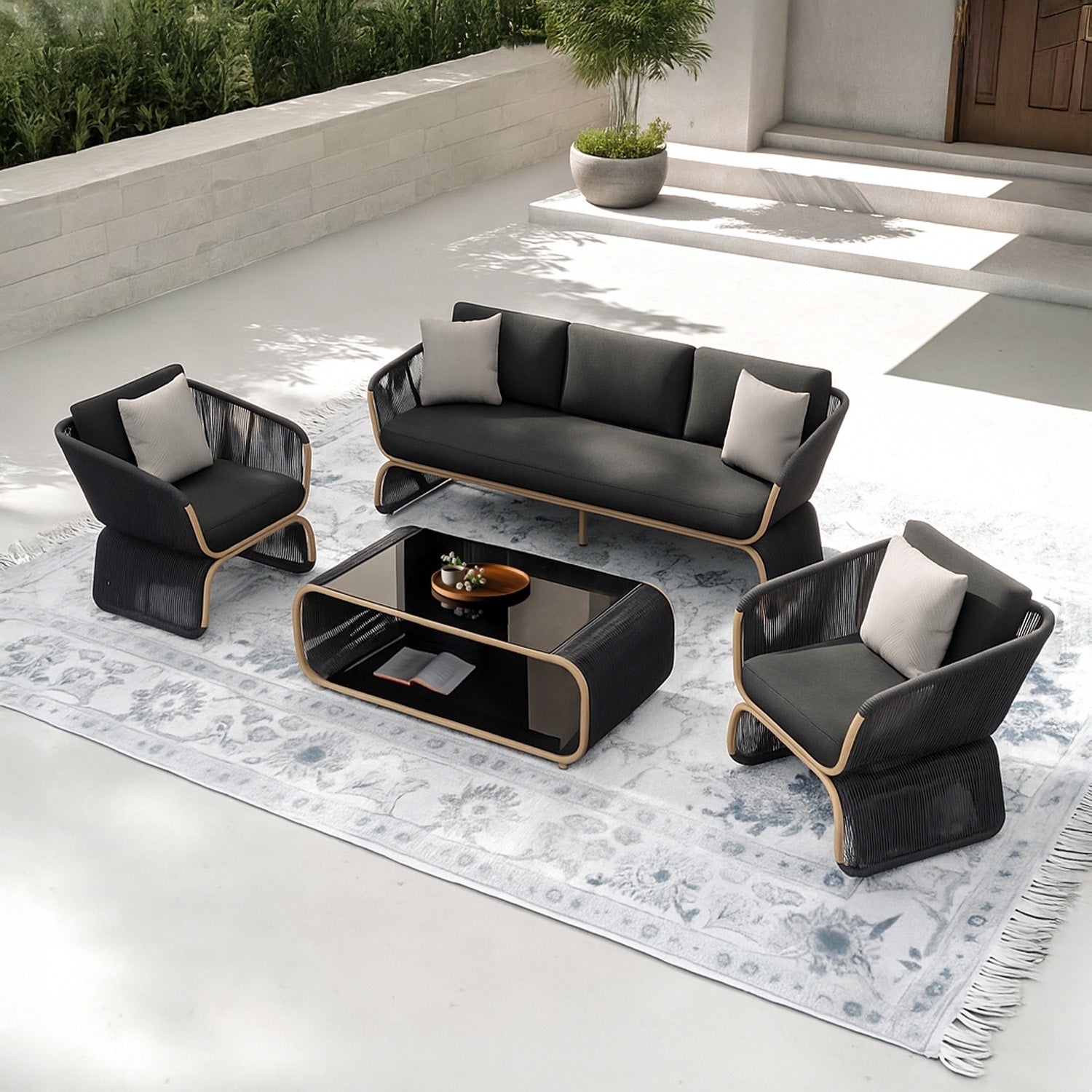 Outdoor Braided Rope Sofa Set With 2-Tier Glass Top Table