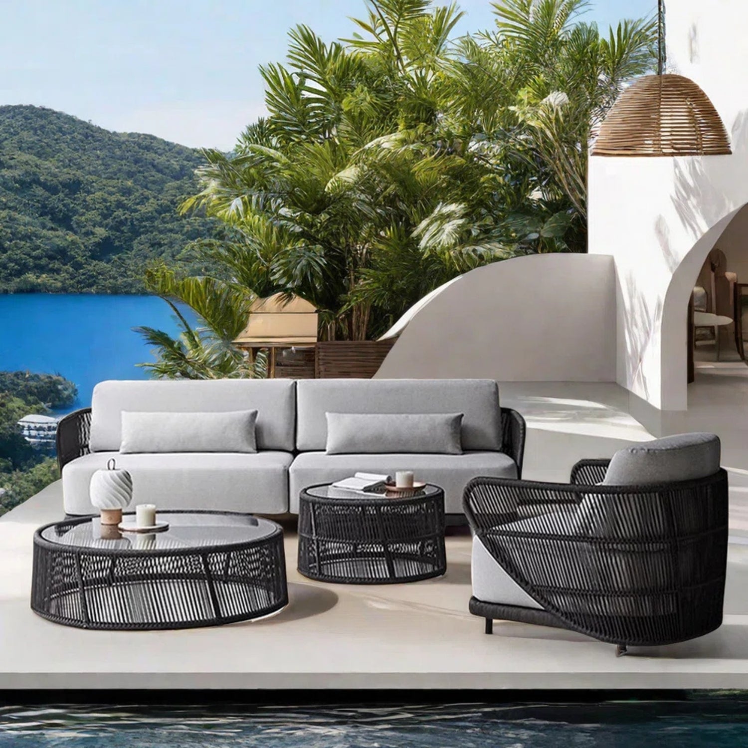 Outdoor Rope 4 Seater Sofa Set With Glass Top Tables