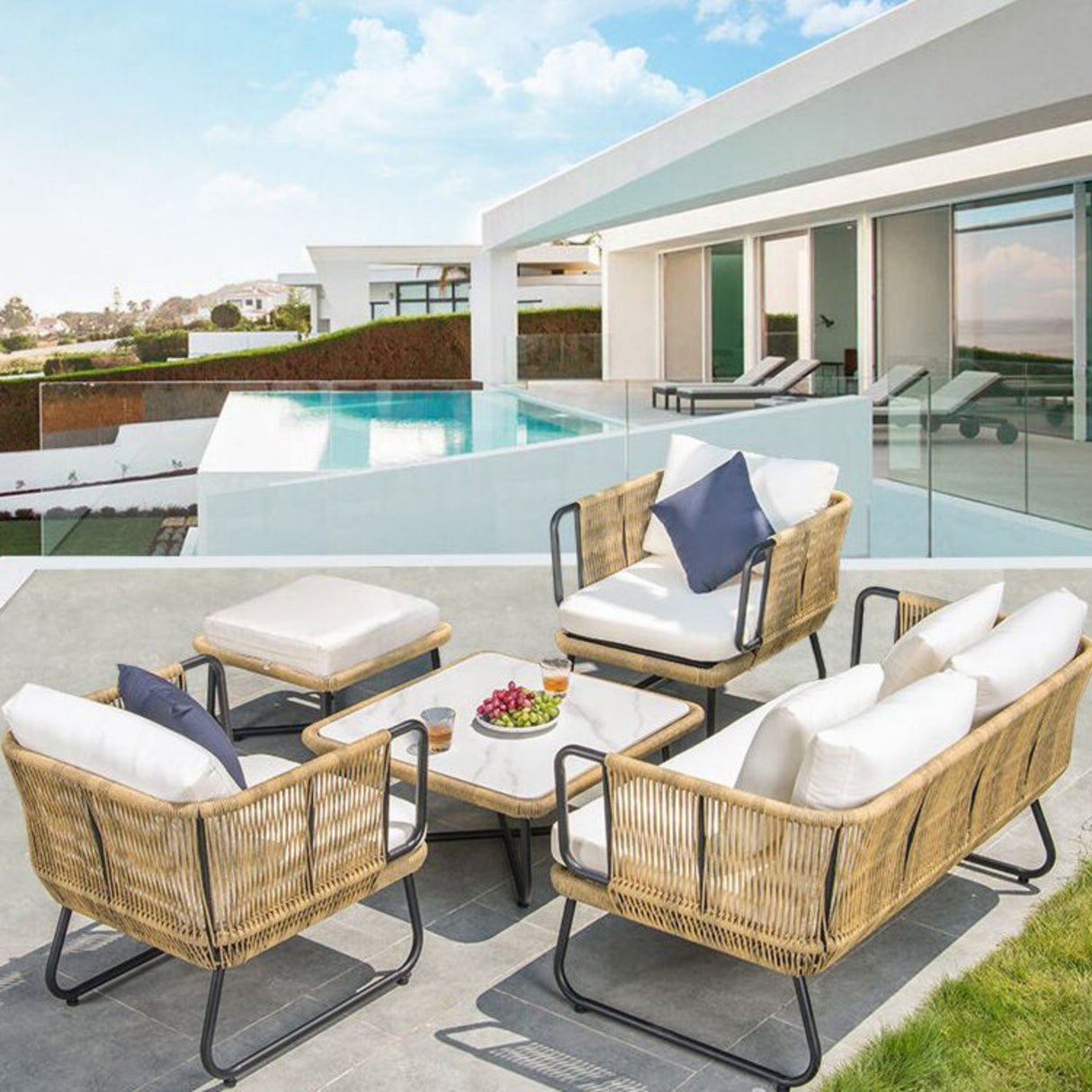 Outdoor 5pcs All-Weather Rope Sofa Set with Cushions (Beige & White)