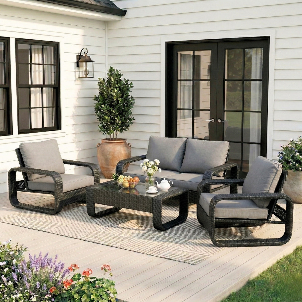 4-Piece Outdoor Rattan Wicker Patio Sofa Set & Glass Top Table
