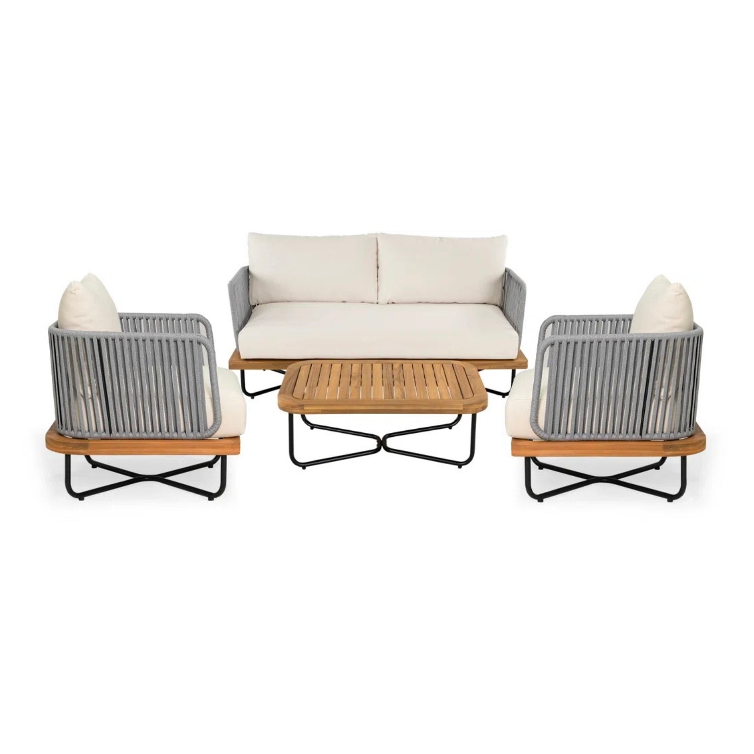 Outdoor 4-Piece Rope Woven Conversation Sofa Set with Wooden Top Table