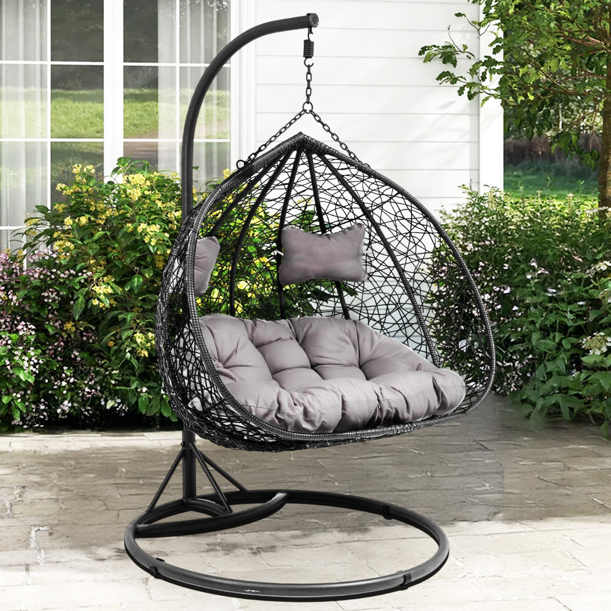 Double Seater Rattan & Wicker Swing (Black & Grey)