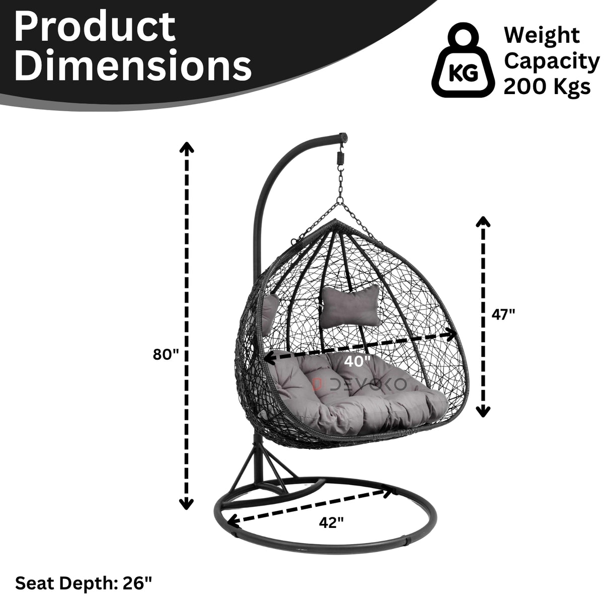 Double Seater Rattan & Wicker Swing (Black & Grey)