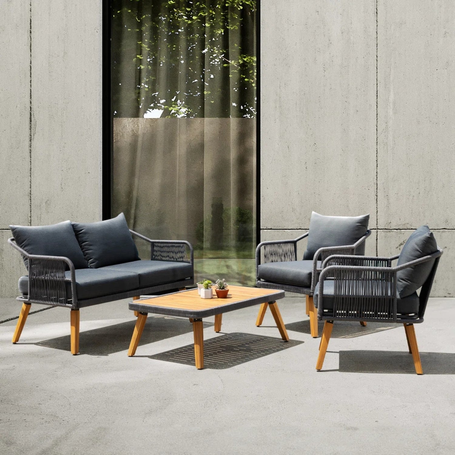 4-Piece Outdoor Rope Patio Furniture Set with Wood-Top Table