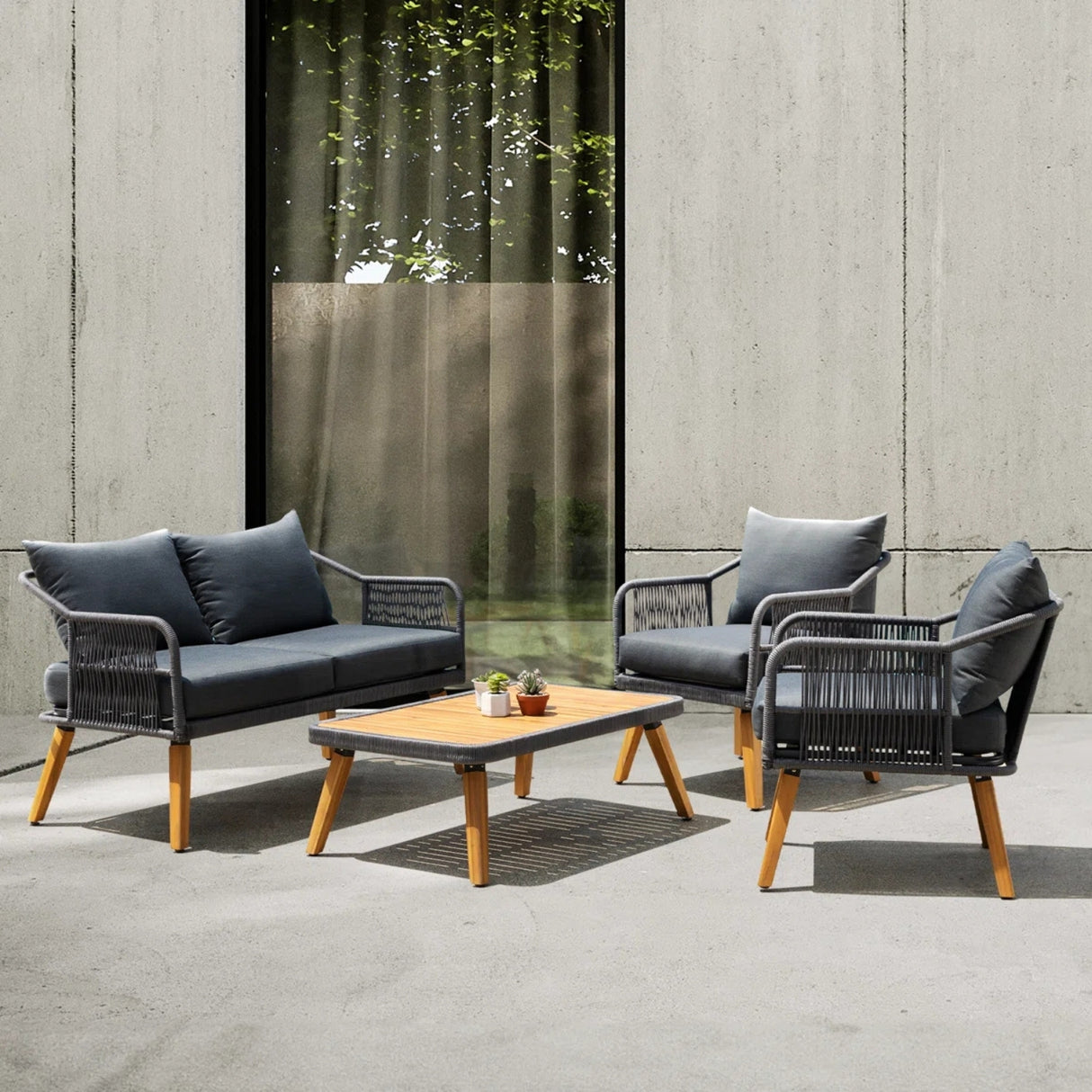 4-Piece Outdoor Rope Patio Furniture Set with Wood-Top Table