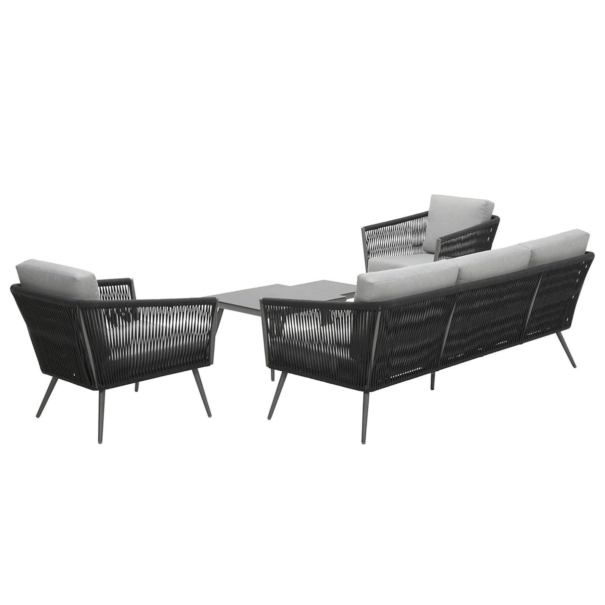 5-Seater Outdoor Rope Patio Sofa Set with Glass Top Tables (Black & Grey)