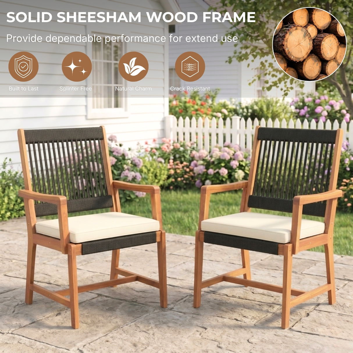 Outdoor Rope & Sheesham Wood 4-Piece Sofa Set (Black & White)