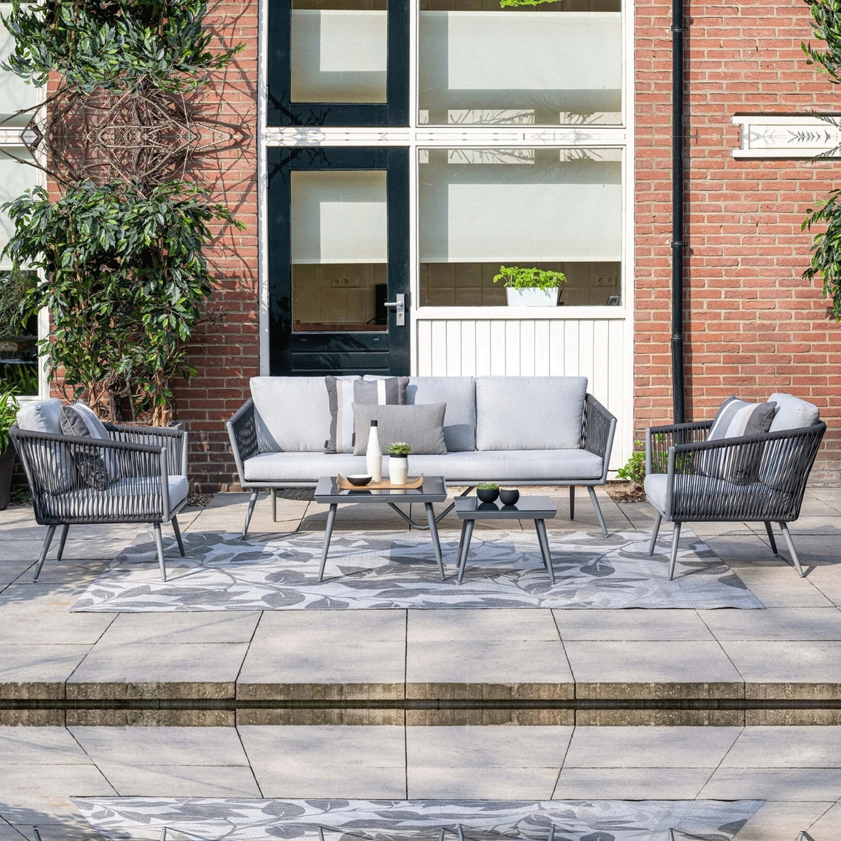 5-Seater Outdoor Rope Patio Sofa Set with Glass Top Tables (Black & Grey)