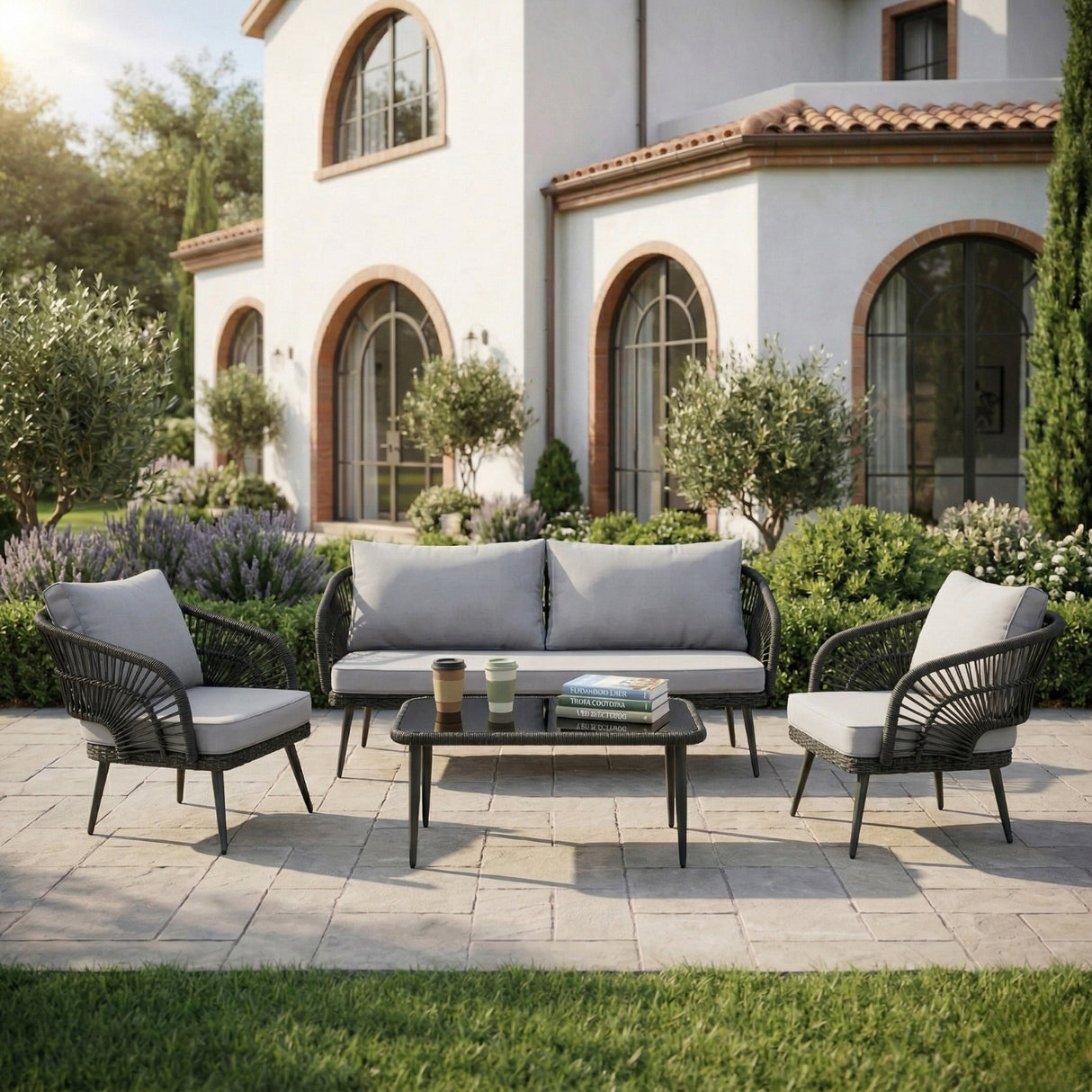 Outdoor Rope 4-Piece Patio Sofa Set with Glass Top Table (Black/Light Grey)