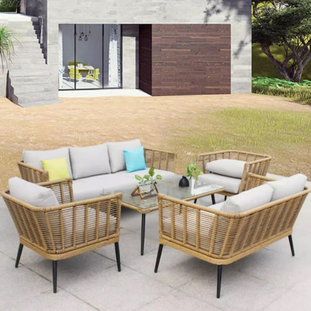 Outdoor Beige Rope 7-Seater Sofa Set With Glass Top Table