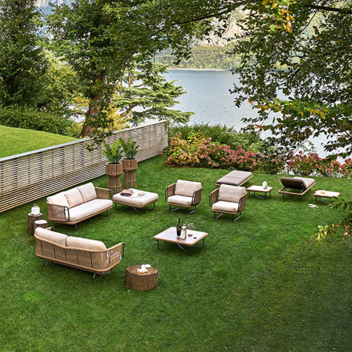 10 Seater Outdoor Rope Sofa Set with Ottoman, Loungers, Center Table & Side Tables