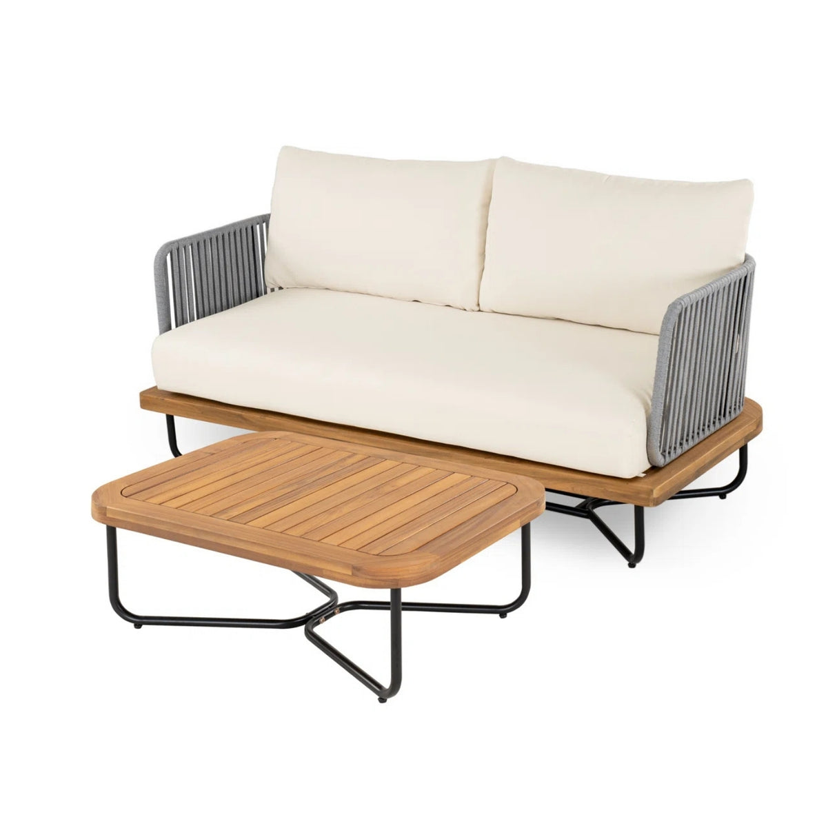 Outdoor 4-Piece Rope Woven Conversation Sofa Set with Wooden Top Table