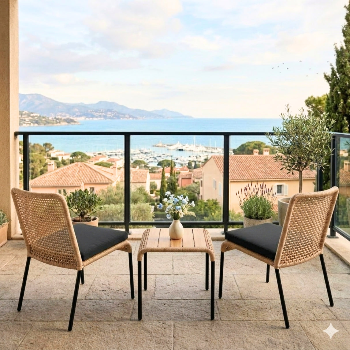 Outdoor Wicker 3-Piece Patio Furniture Set with Wooden Top Table