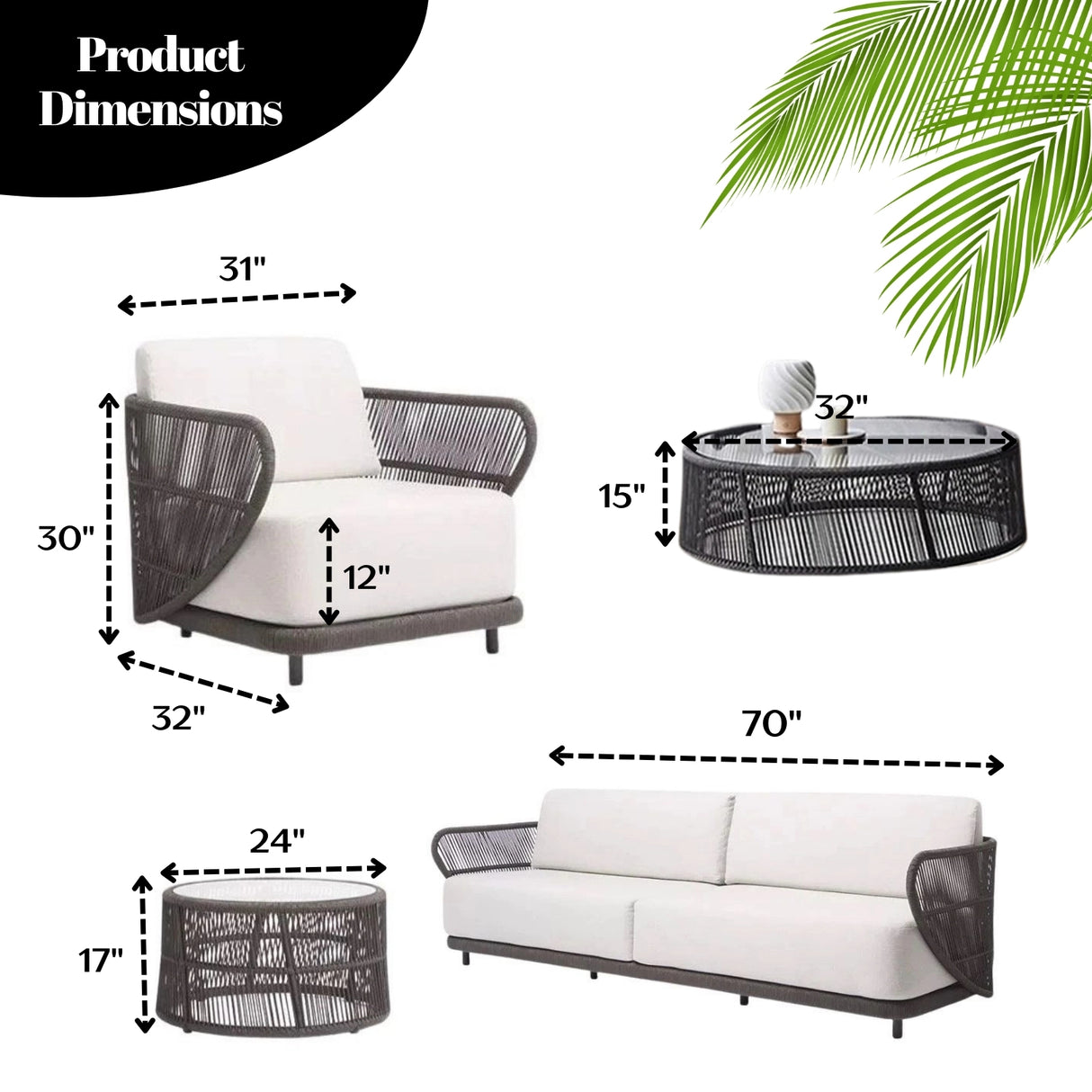 Outdoor Rope 4 Seater Sofa Set With Glass Top Tables