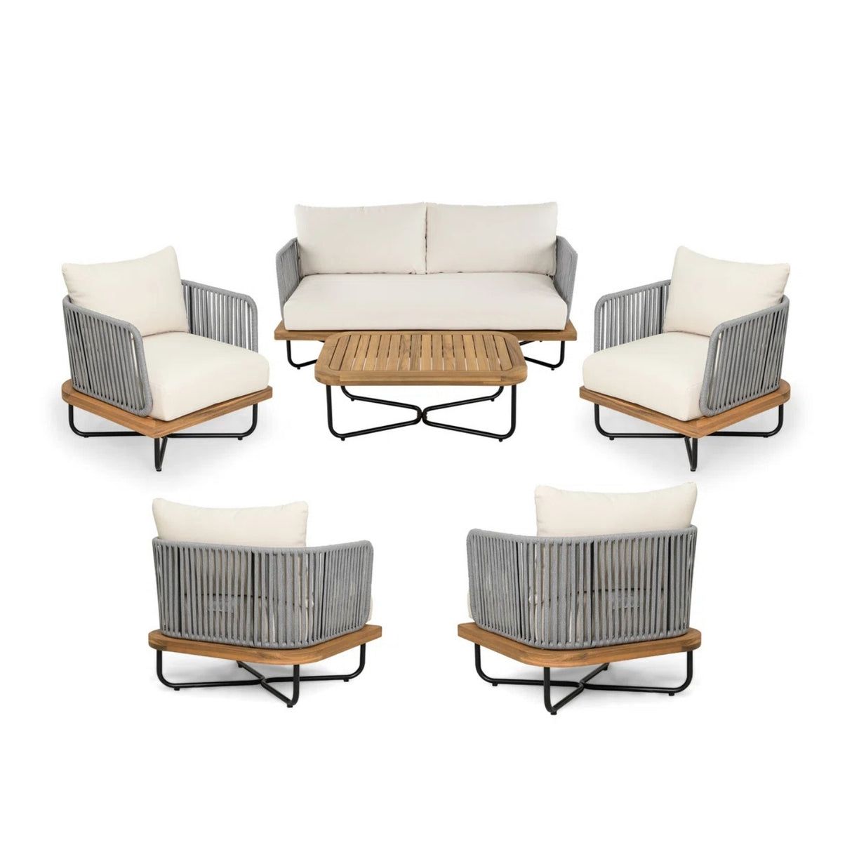 Outdoor 6-Piece Rope Woven Conversation Sofa Set with Wooden Top Table