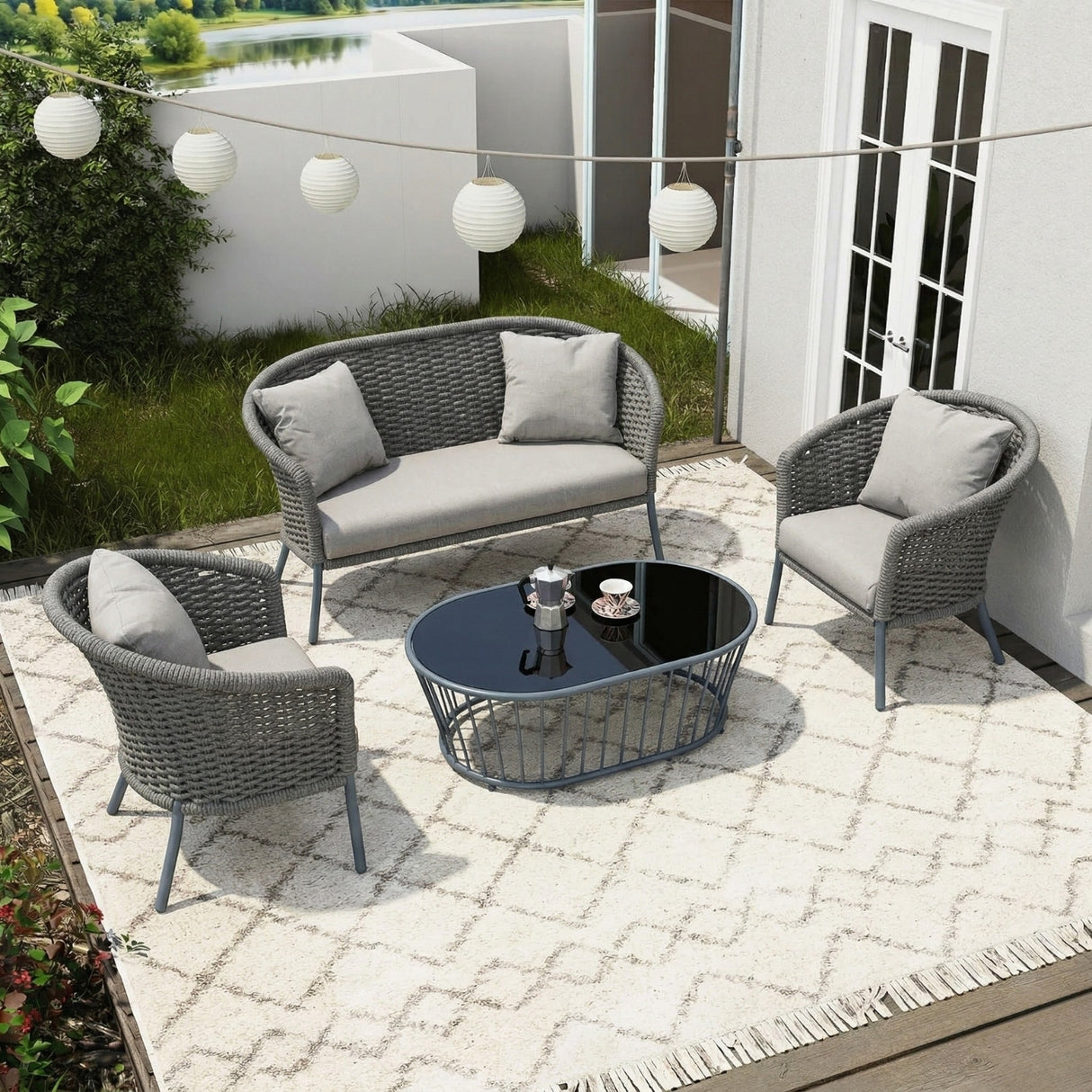 Outdoor Grey Rope 4 Piece Patio Sofa Set with Light Grey Cushions