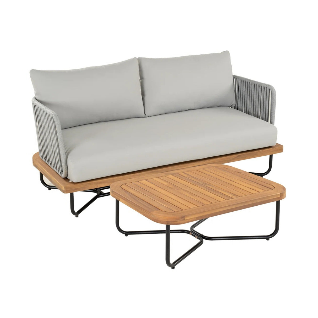 Outdoor 4-Piece Rope Woven Conversation Sofa Set with Wooden Top Table