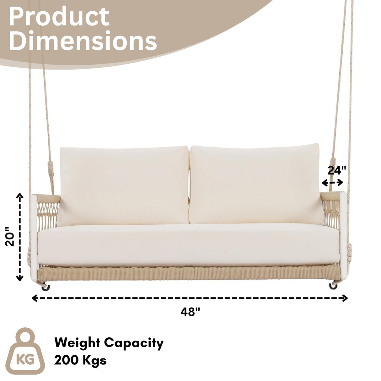 Outdoor Rope Swing 2-Person Hanging Chair, Weatherproof Porch Swing