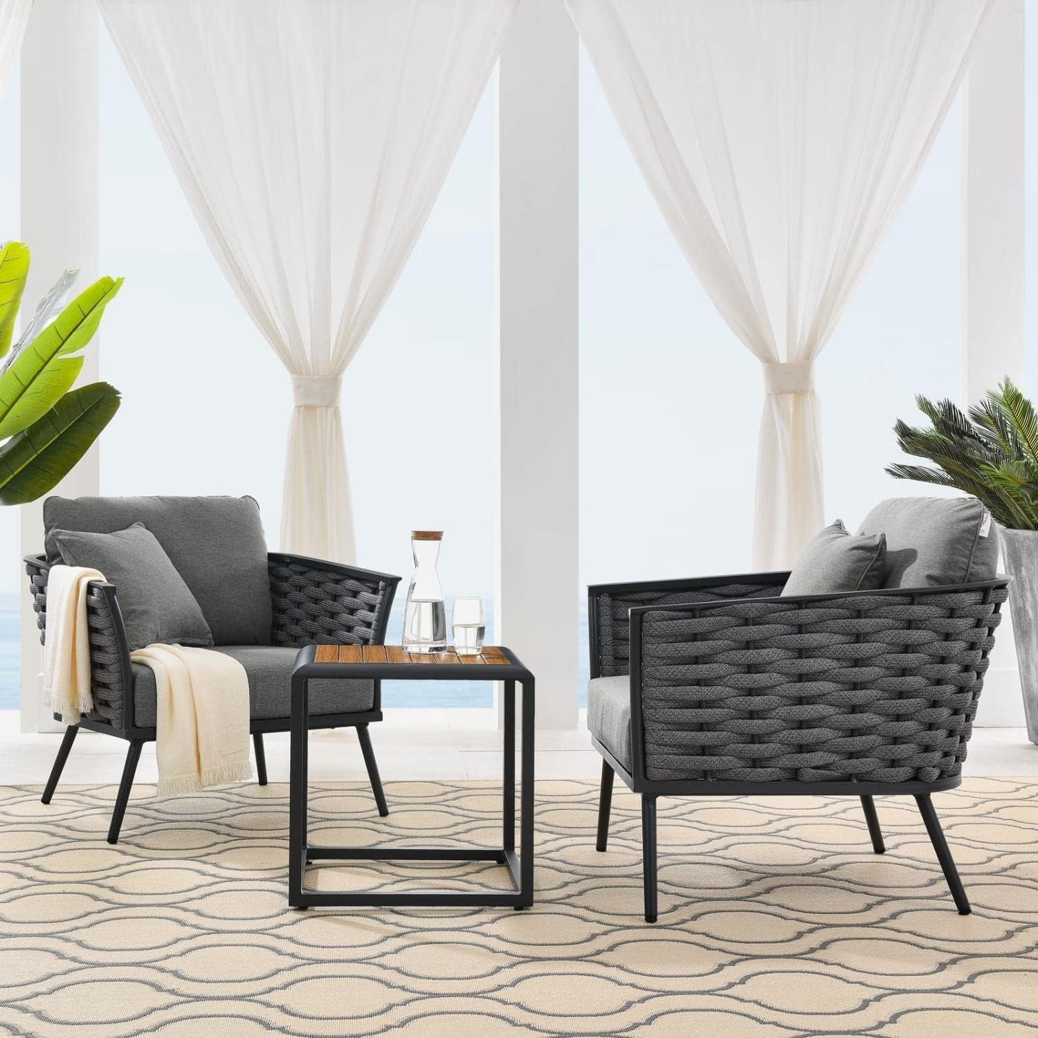 Outdoor Rope 3-Piece Patio Set With Wooden Top Table