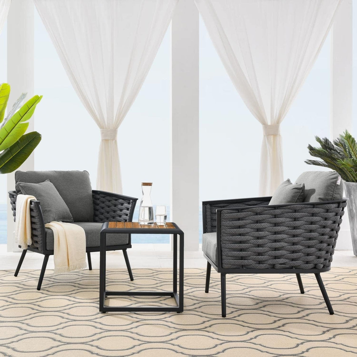 Outdoor Rope 3-Piece Patio Set With Wooden Top Table