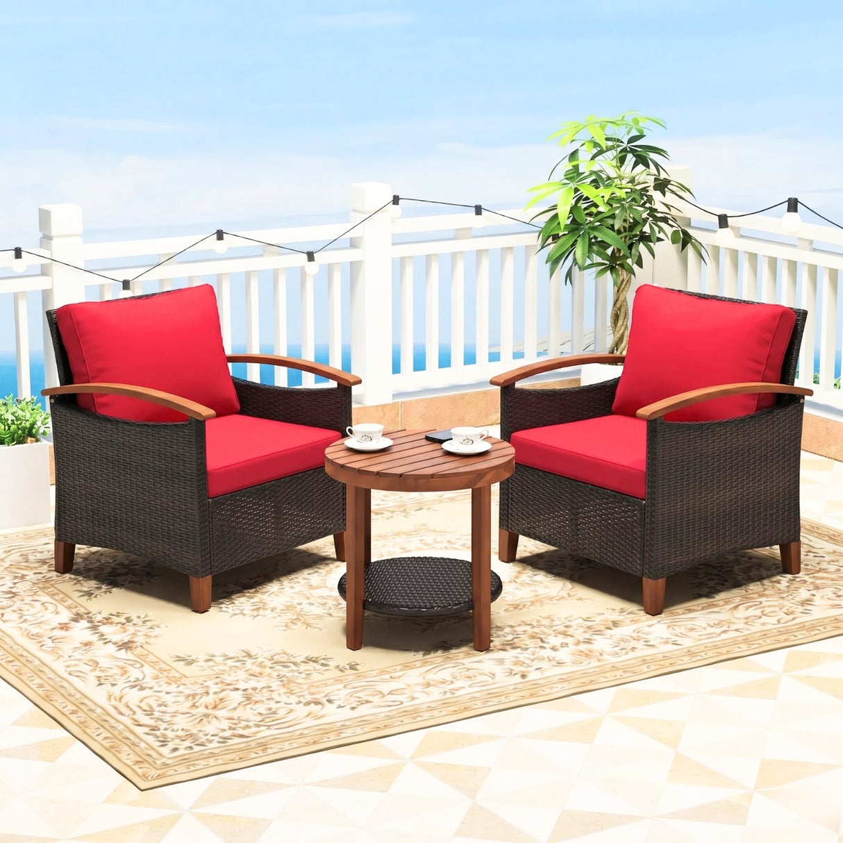 3-Piece Outdoor Wicker Patio Conversation Set (Dark Brown & Red)