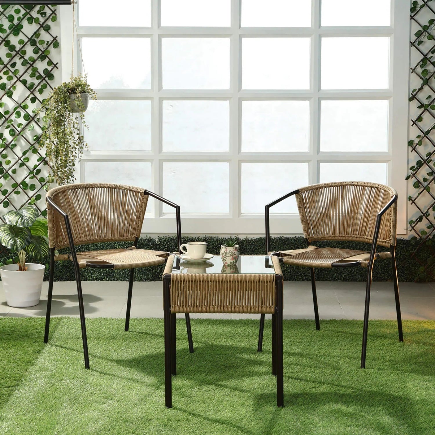 Outdoor Rope 3-Piece Patio Chairs Set (Beige)