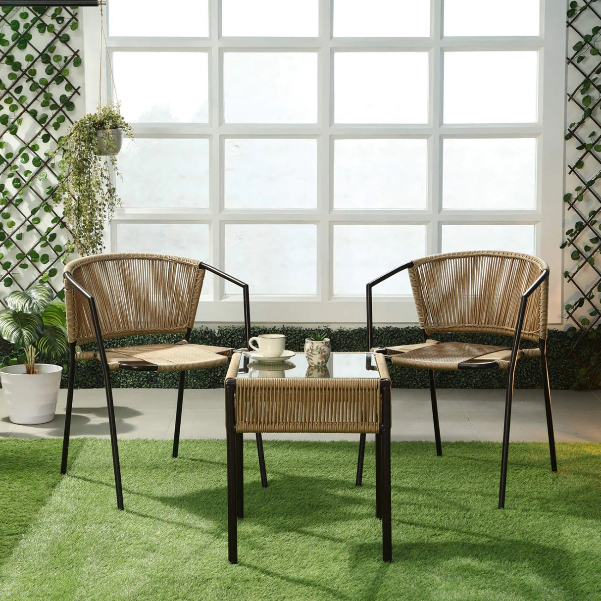 Outdoor Rope 3-Piece Patio Chairs Set (Beige)