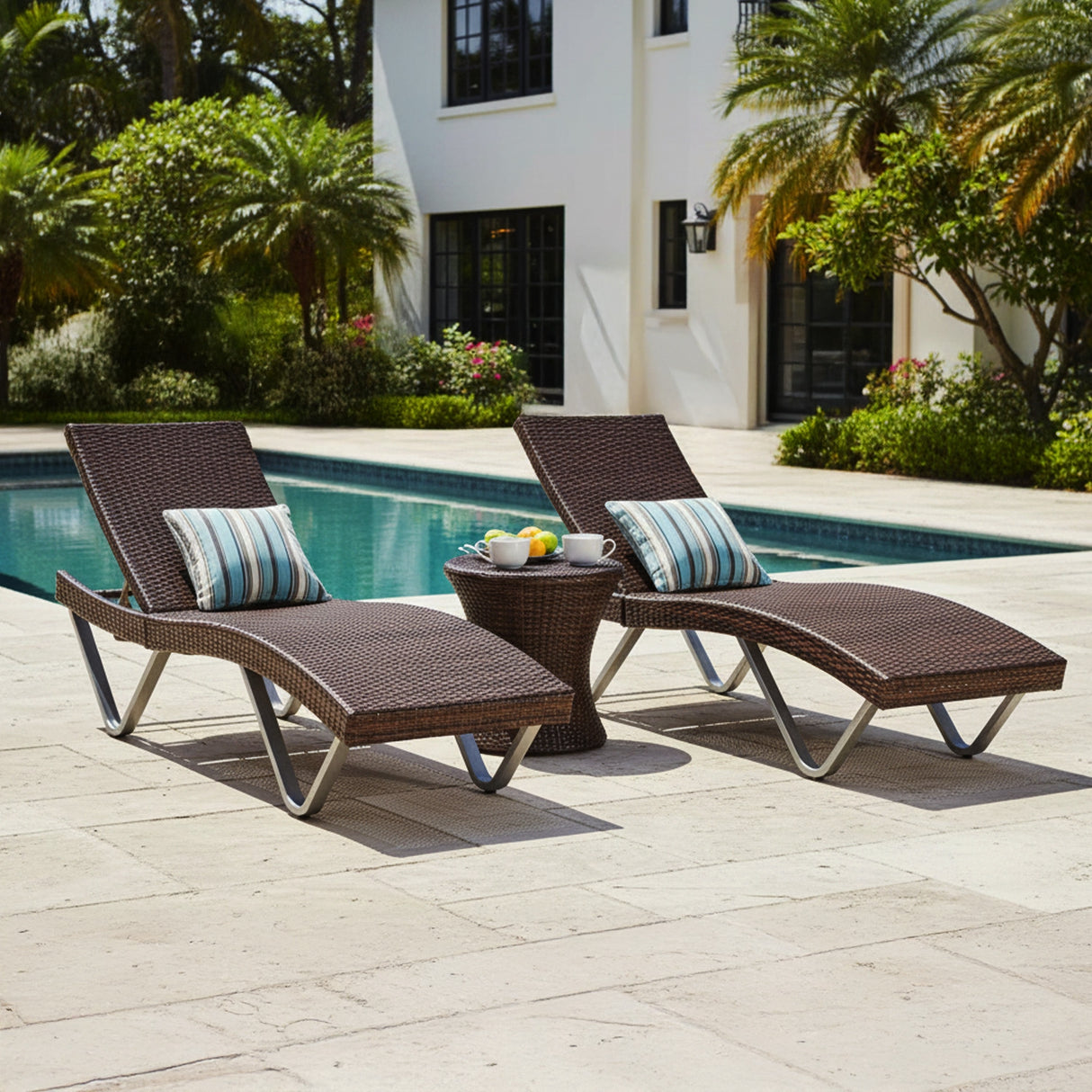 Outdoor Rattan Wicker Lounge Chairs Set of 2 with Matching Side Table
