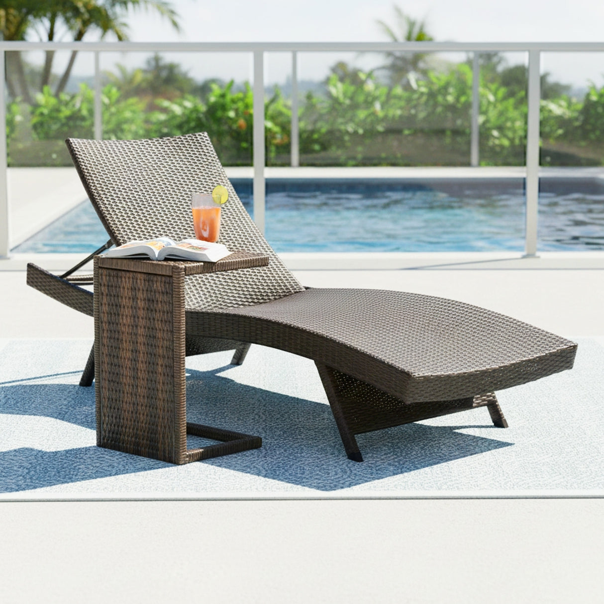 Outdoor All-Weather HDPE Wicker Rattan Sunlounger Recliner with Side Table