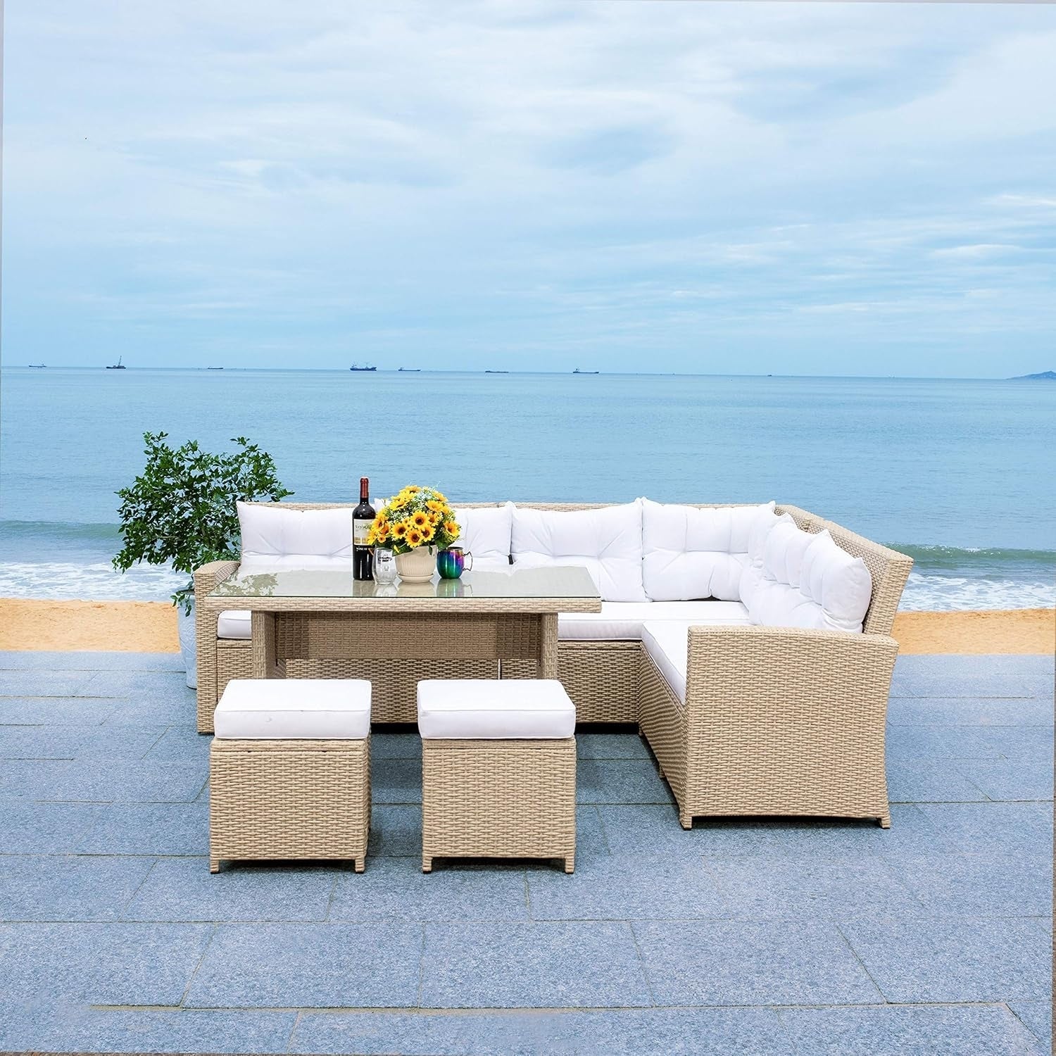 5-Piece Wicker Patio Conversation Set (Beige/White)