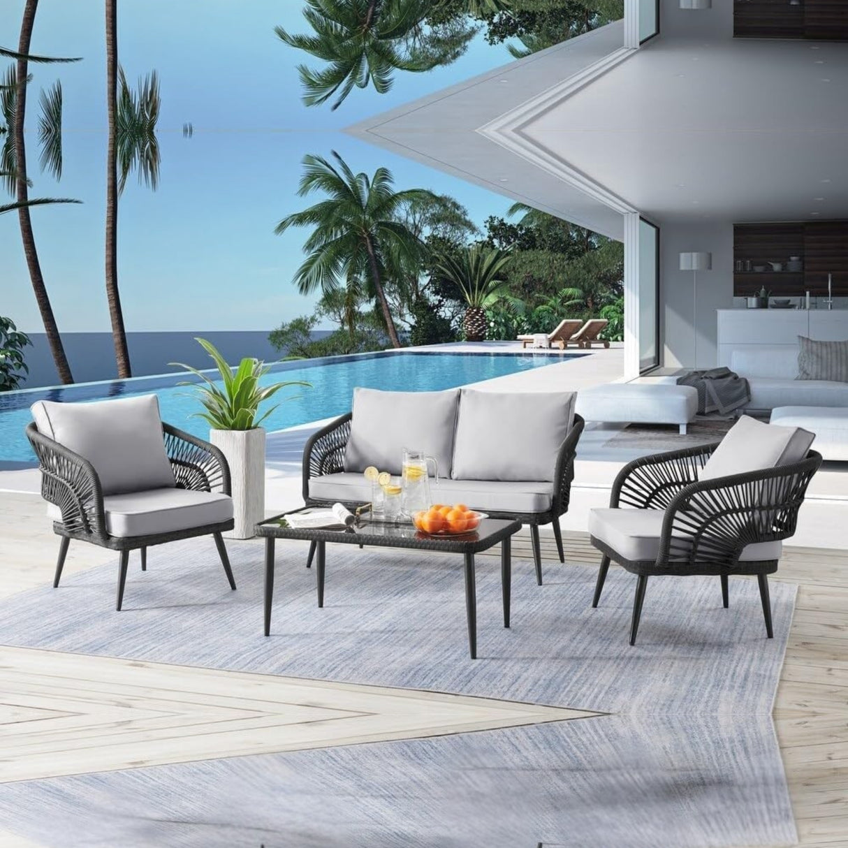 Outdoor Rope 4-Piece Patio Sofa Set with Glass Top Table (Black/Light Grey)